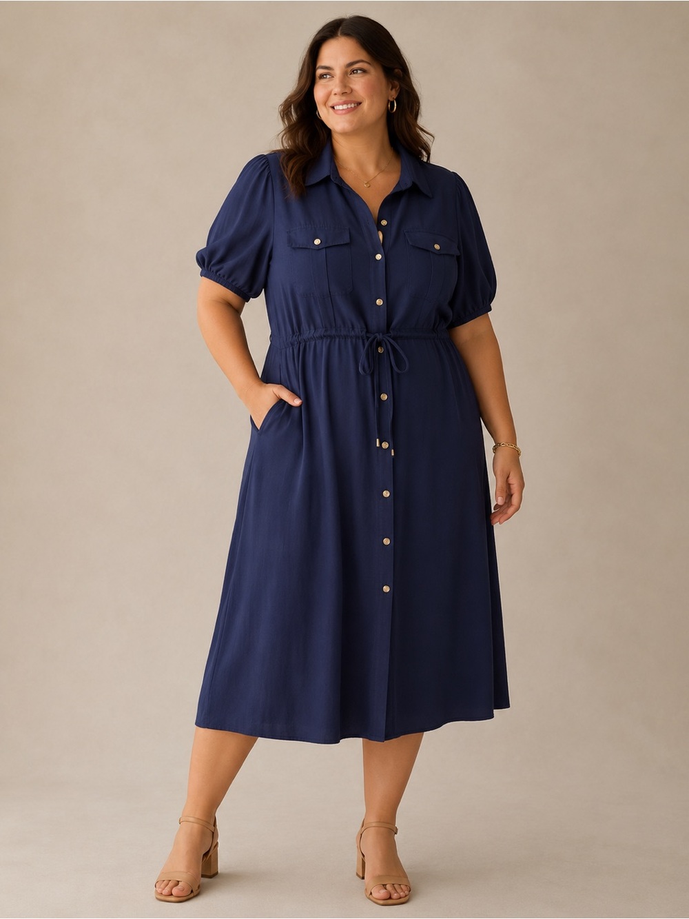 Lands End Button-Front Navy Shirt Dress with Drawstring Waist 1X